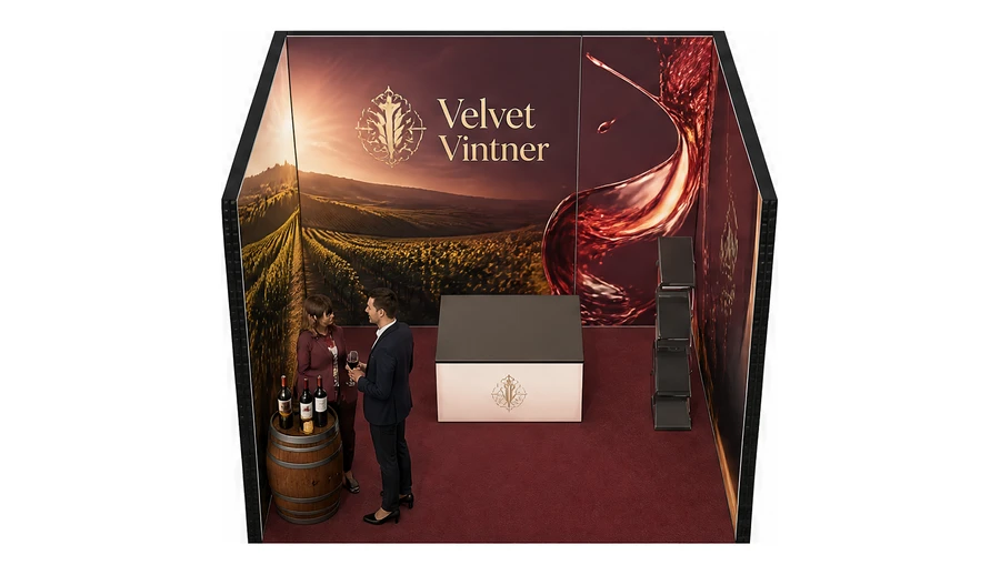 Stoisko 3 × 3 m szeregowe dla branży winnica, przykładowa marka Velvet Vintner