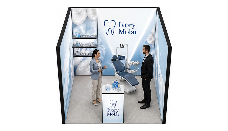 Stoisko 3 × 3 m szeregowe dla branży stomatologia, przykładowa marka Ivory Molar