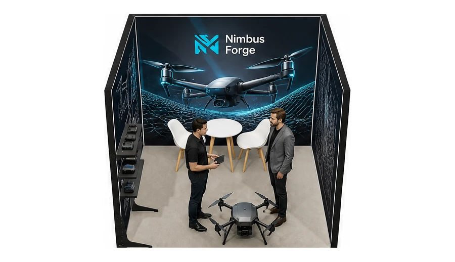 Stoisko 3 × 3 m szeregowe dla branży drony i robotyka, przykładowa marka Nimbus Forge