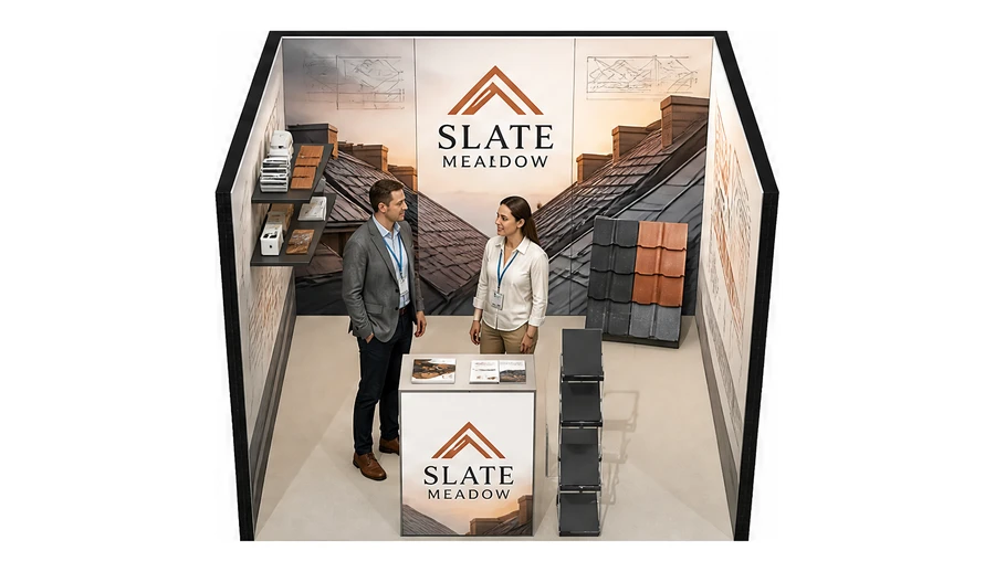 Stoisko 3 × 3 m szeregowe dla branży dachy i elewacje, przykładowa marka Slate Meadow
