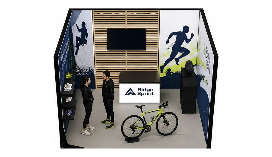 Stoisko 3 × 3 m szeregowe dla branży sprzęt sportowy, przykładowa marka Ridge Sprint