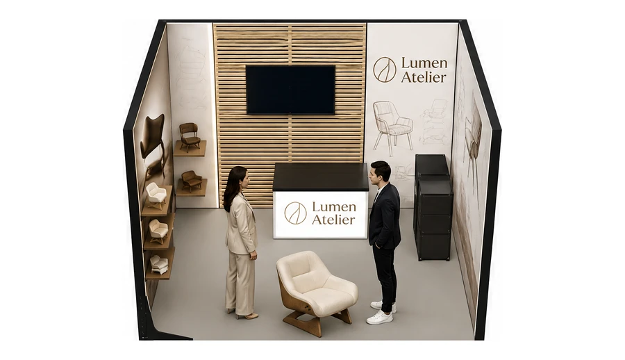 Stoisko 3 × 3 m szeregowe dla branży meble designerskie, przykładowa marka Lumen Atelier