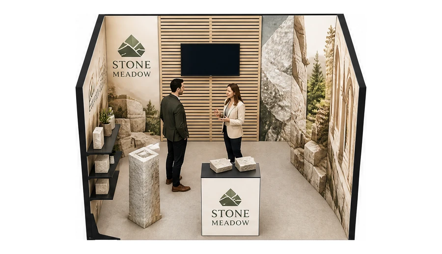 Stoisko 3 × 3 m szeregowe dla branży kamień i kamieniarstwo, przykładowa marka Stone Meadow