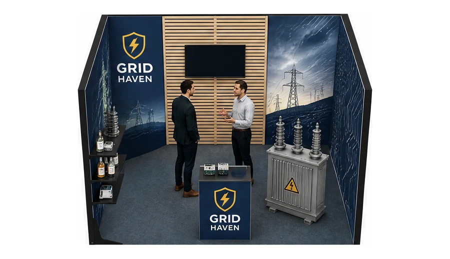 Stoisko 3 × 3 m szeregowe dla branży energetyka i sieci, przykładowa marka Grid Haven