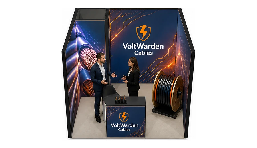 Stoisko 3 × 3 m szeregowe dla branży kable i elektrotechnika, przykładowa marka VoltWarden Cables