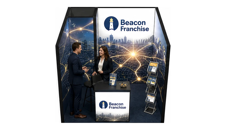 Stoisko 3 × 3 m szeregowe dla branży franczyza i sieci, przykładowa marka Beacon Franchise