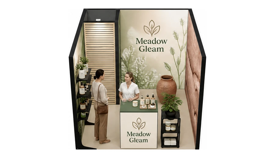 Stoisko 3 × 3 m szeregowe dla branży kosmetyki naturalne, przykładowa marka Meadow Gleam