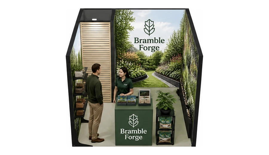Stoisko 3 × 3 m szeregowe dla branży ogród i architektura krajobrazu, przykładowa marka Bramble Forge