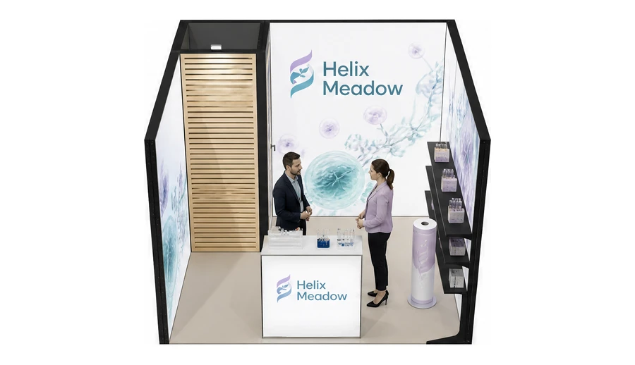Stoisko 3 × 3 m szeregowe dla branży farmacja i biotechnologia, przykładowa marka Helix Meadow