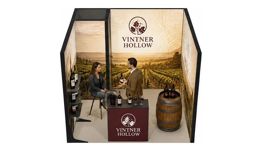Stoisko 3 × 3 m szeregowe dla branży winnica, przykładowa marka Vintner Hollow