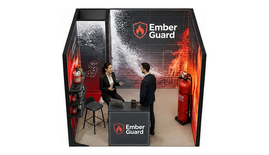 Stoisko 3 × 3 m szeregowe dla branży ochrona przeciwpożarowa, przykładowa marka Ember Guard