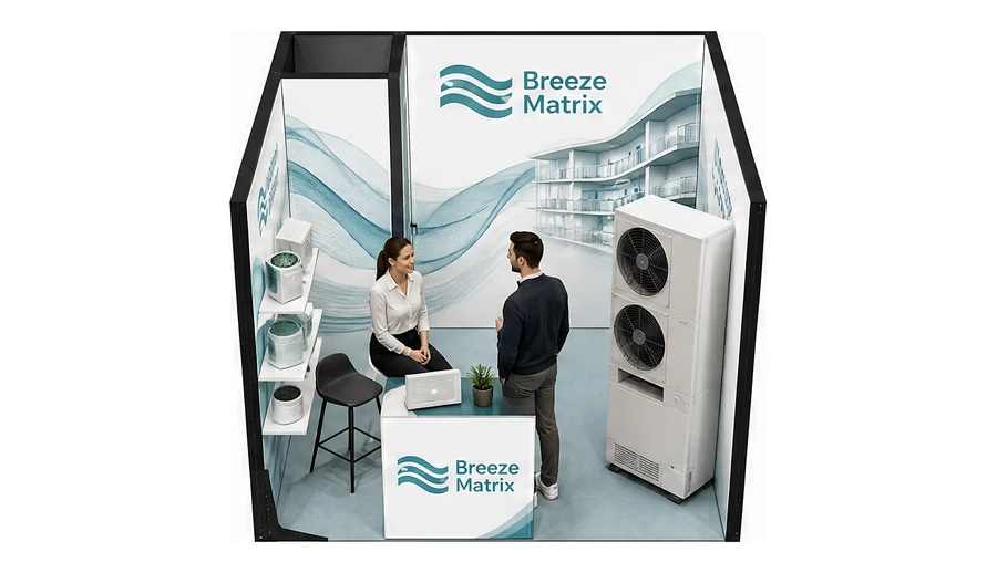 Stoisko 3 × 3 m szeregowe dla branży wentylacja i klimatyzacja, przykładowa marka Breeze Matrix