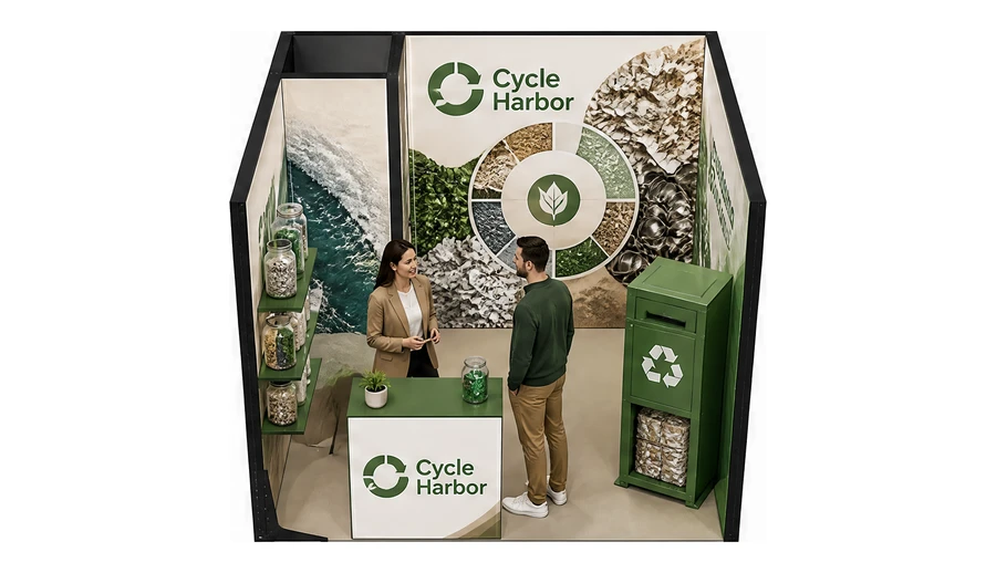 Stoisko 3 × 3 m szeregowe dla branży recykling i ochrona środowiska, przykładowa marka Cycle Harbor