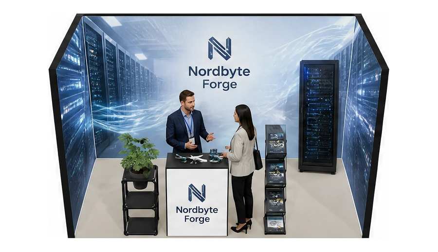 Stoisko 4 × 2 m szeregowe dla branży infrastruktura IT i data center, przykładowa marka Nordbyte Forge