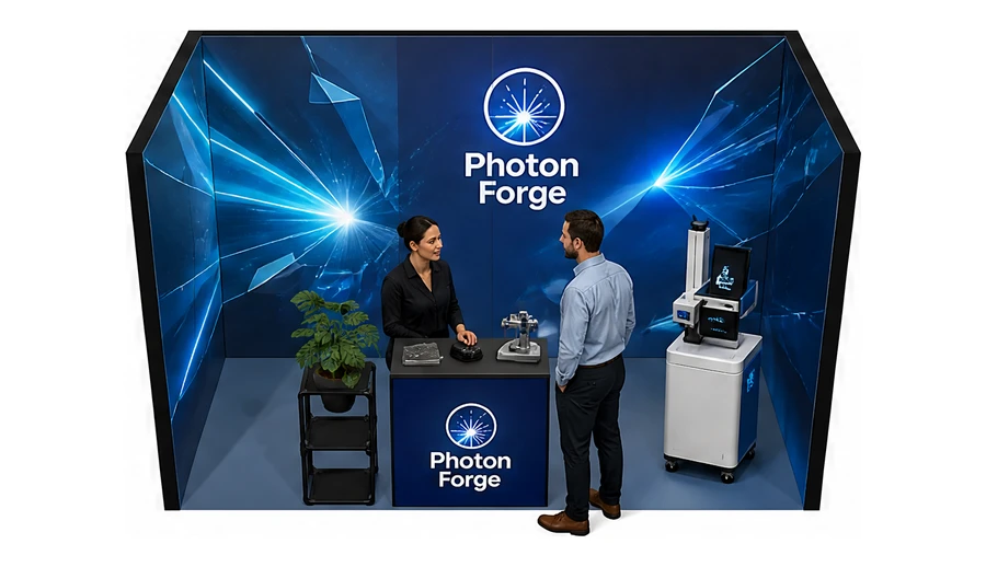 Stoisko 4 × 2 m szeregowe dla branży technika laserowa i fotonika, przykładowa marka Photon Forge