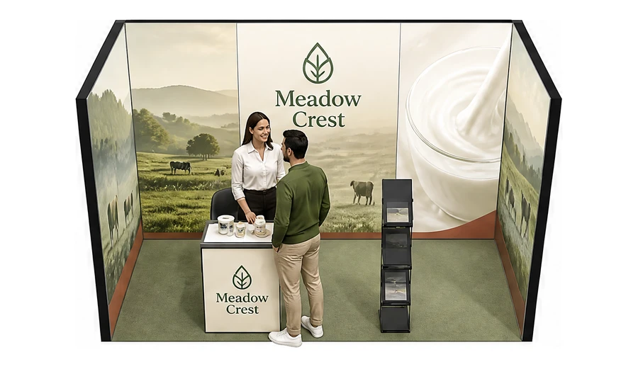 Stoisko 4 × 2 m szeregowe dla branży nabiał i mleczarstwo, przykładowa marka Meadow Crest