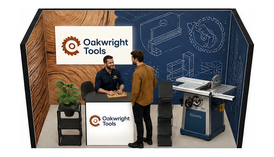Stoisko 4 × 2 m szeregowe dla branży maszyny do obróbki drewna, przykładowa marka Oakwright Tools