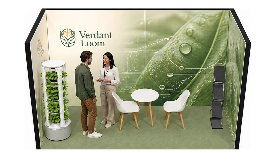 Stoisko 4 × 2 m szeregowe dla branży sadownictwo i warzywnictwo, przykładowa marka Verdant Loom