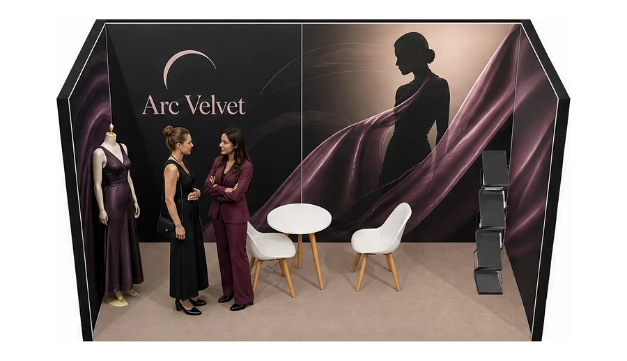 Stoisko 4 × 2 m szeregowe dla branży odzież i moda, przykładowa marka Arc Velvet