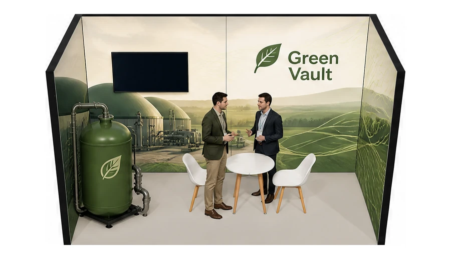 Stoisko 4 × 2 m szeregowe dla branży biogaz i OZE, przykładowa marka Green Vault