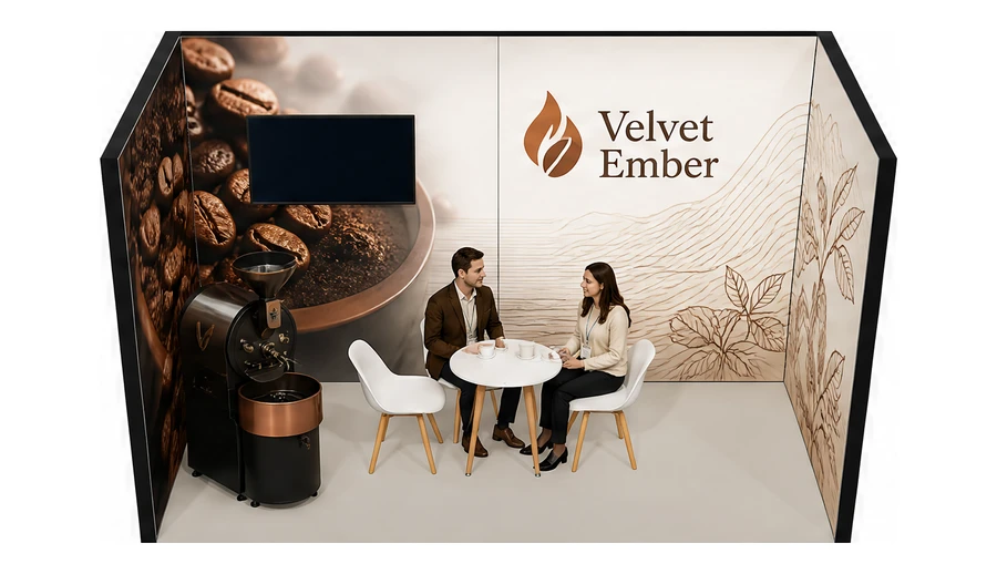 Stoisko 4 × 2 m szeregowe dla branży palarnia kawy, przykładowa marka Velvet Ember