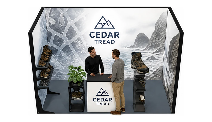 Stoisko 4 × 2 m szeregowe dla branży obuwie, przykładowa marka Cedar Tread