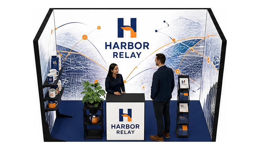 Stoisko 4 × 2 m szeregowe dla branży franczyza i sieci, przykładowa marka Harbor Relay