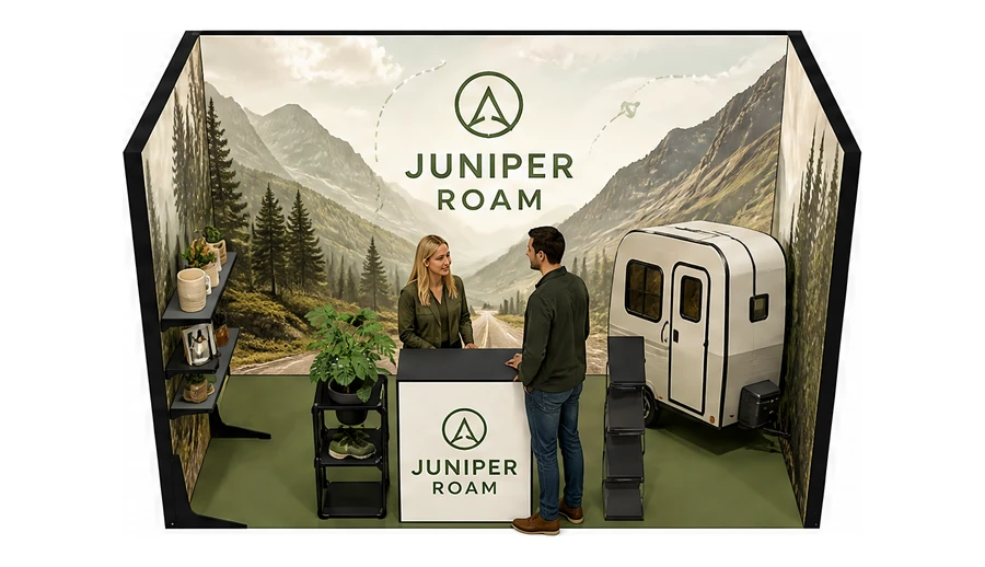 Stoisko 4 × 2 m szeregowe dla branży caravaning i kampery, przykładowa marka Juniper Roam