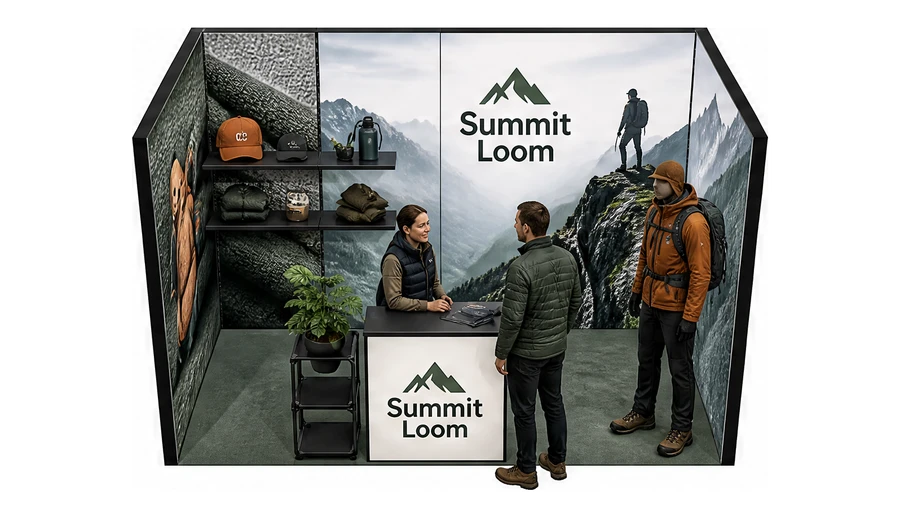 Stoisko 4 × 2 m szeregowe dla branży odzież i sprzęt outdoorowy, przykładowa marka Summit Loom