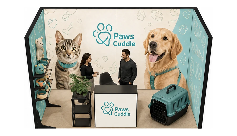 Stoisko 4 × 2 m szeregowe dla branży akcesoria dla zwierząt, przykładowa marka Paws Cuddle