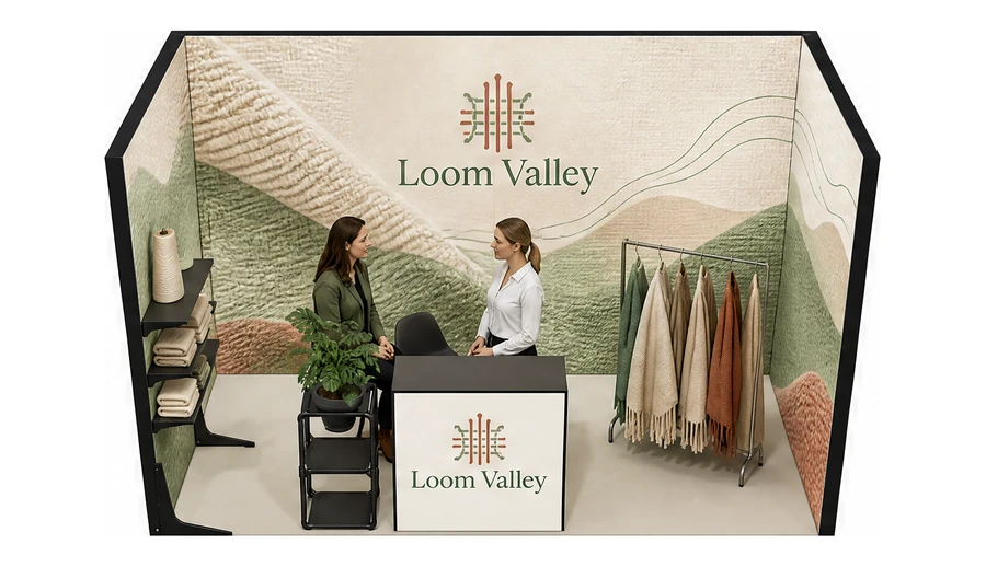 Stoisko 4 × 2 m szeregowe dla branży tekstylia i tkaniny, przykładowa marka Loom Valley
