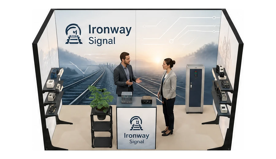 Stoisko 4 × 2 m szeregowe dla branży kolej i tabor, przykładowa marka Ironway Signal