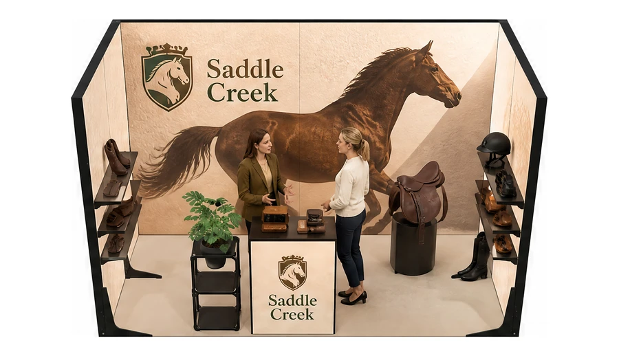 Stoisko 4 × 2 m szeregowe dla branży jeździectwo, przykładowa marka Saddle Creek
