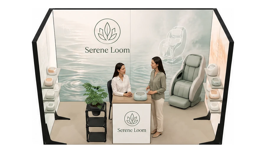 Stoisko 4 × 2 m szeregowe dla branży spa i wellness, przykładowa marka Serene Loom