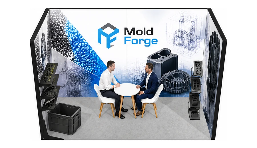 Stoisko 4 × 2 m szeregowe dla branży przetwórstwo tworzyw, przykładowa marka Mold Forge