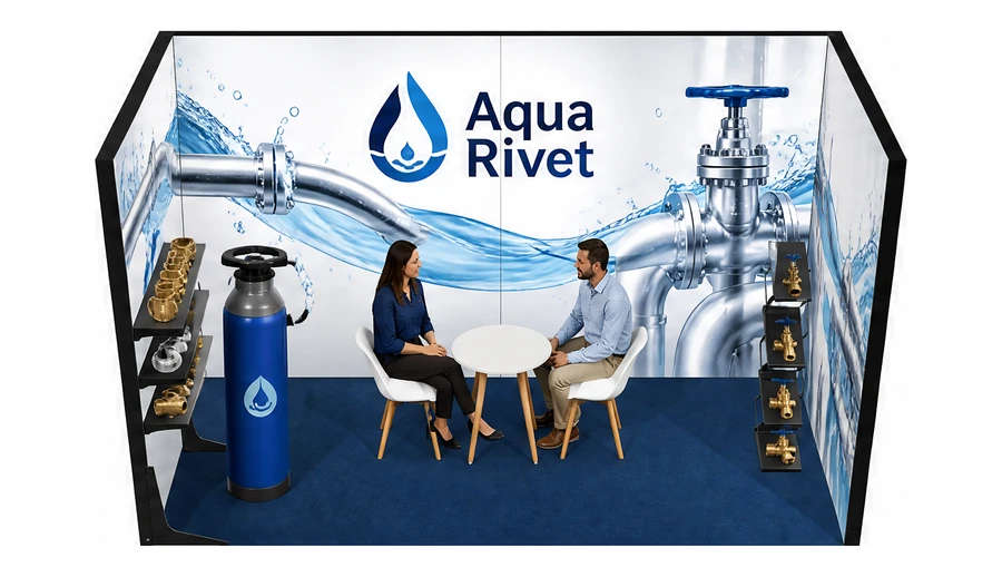 Stoisko 4 × 2 m szeregowe dla branży instalacje wodno-kanalizacyjne, przykładowa marka Aqua Rivet