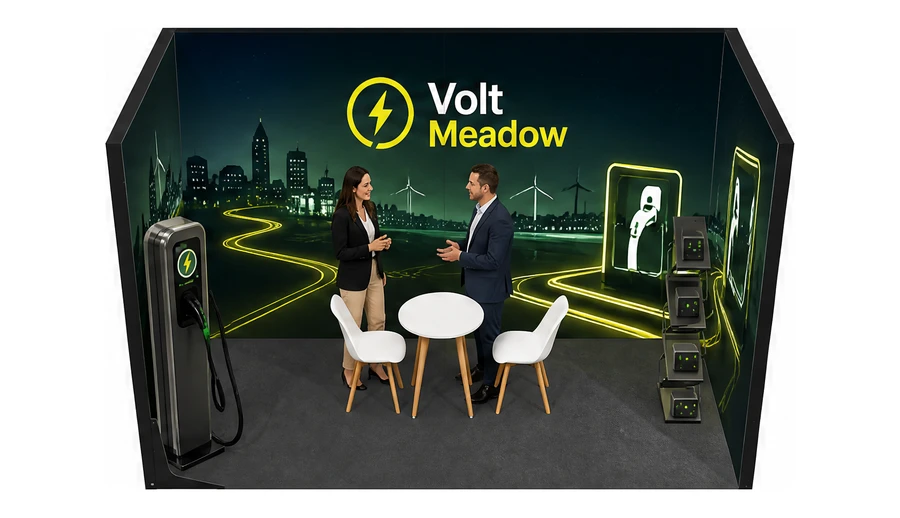 Stoisko 4 × 2 m szeregowe dla branży elektromobilność i ładowarki, przykładowa marka Volt Meadow