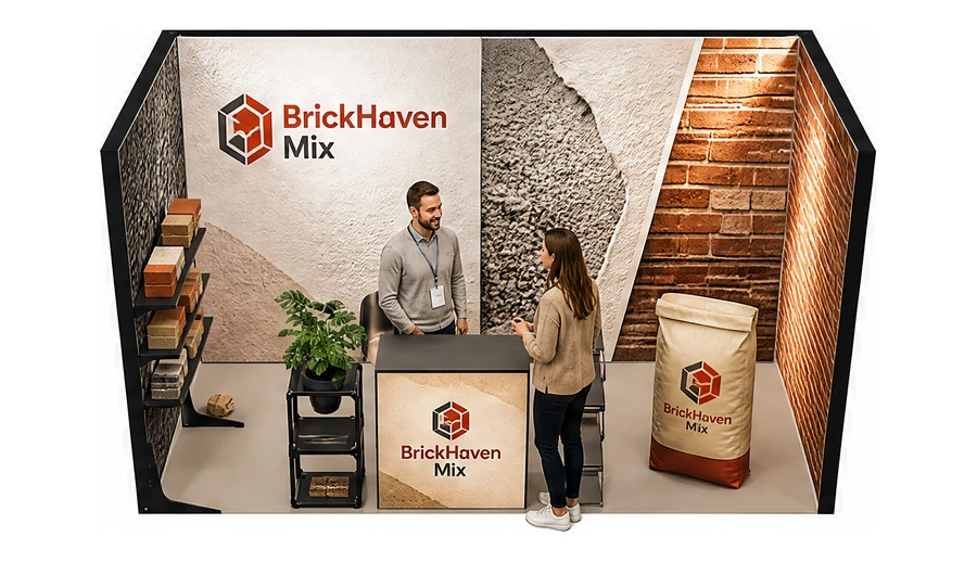 Stoisko 4 × 2 m szeregowe dla branży materiały budowlane, przykładowa marka BrickHaven Mix