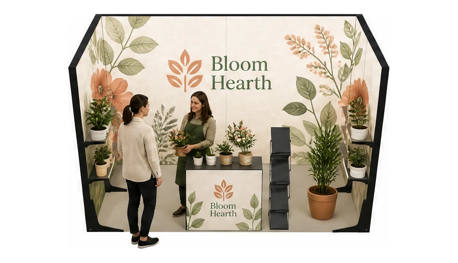 Stoisko 4 × 2 m szeregowe dla branży rośliny i kwiaciarstwo, przykładowa marka Bloom Hearth