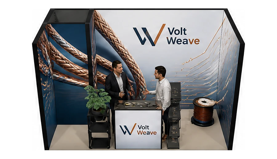 Stoisko 4 × 2 m szeregowe dla branży kable i elektrotechnika, przykładowa marka Volt Weave