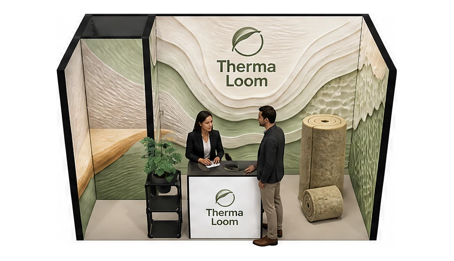 Stoisko 4 × 2 m szeregowe dla branży izolacje techniczne, przykładowa marka Therma Loom