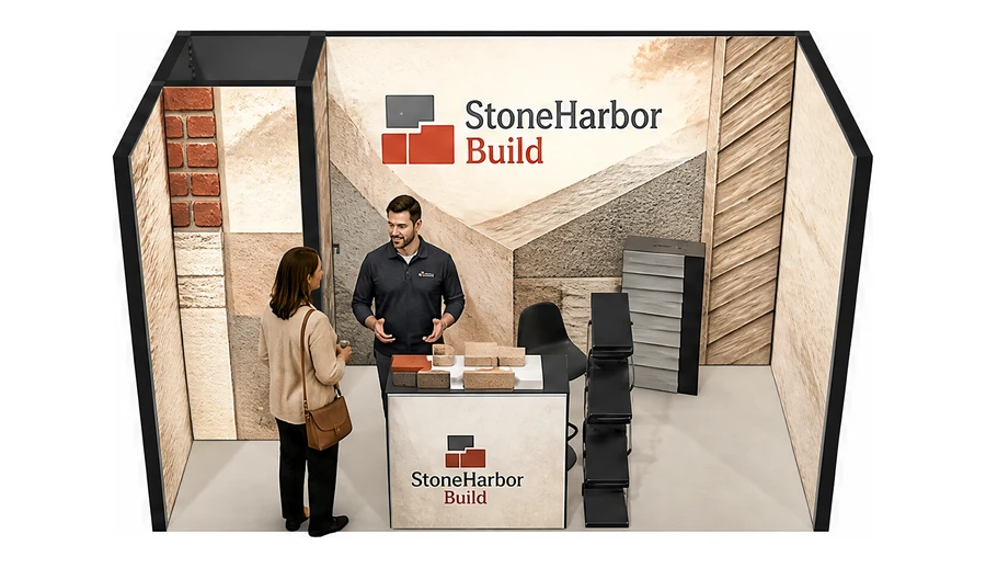 Stoisko 4 × 2 m szeregowe dla branży materiały budowlane, przykładowa marka StoneHarbor Build