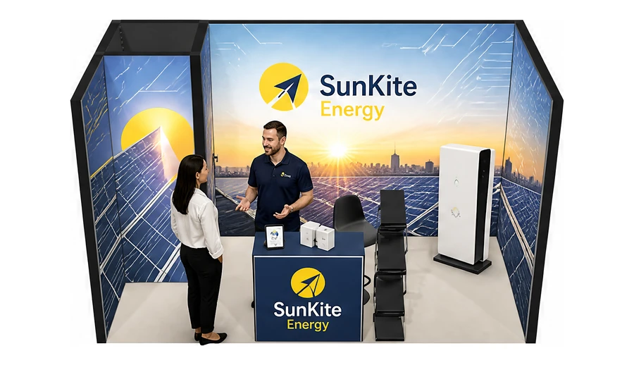Stoisko 4 × 2 m szeregowe dla branży fotowoltaika, przykładowa marka SunKite Energy