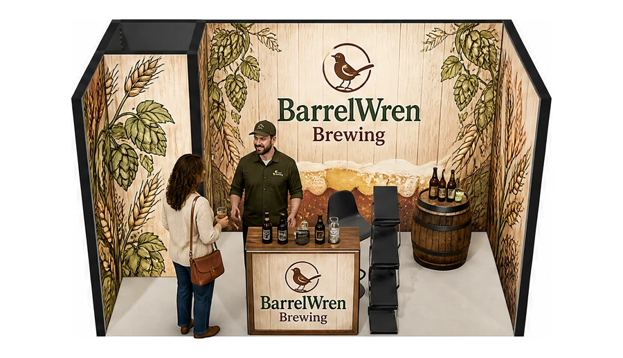 Stoisko 4 × 2 m szeregowe dla branży browar rzemieślniczy, przykładowa marka BarrelWren Brewing