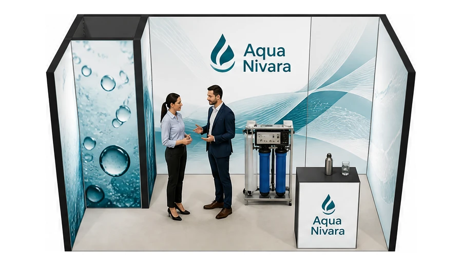 Stoisko 4 × 2 m szeregowe dla branży technologie wodne, przykładowa marka Aqua Nivara