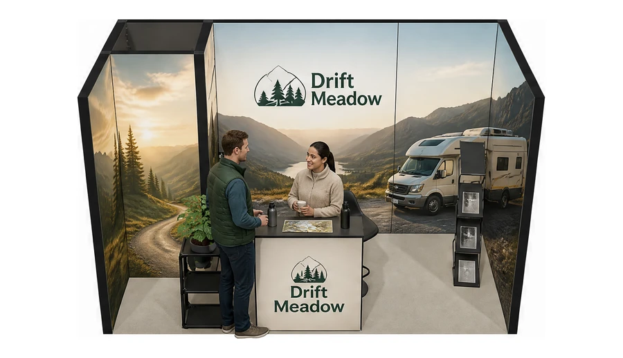 Stoisko 4 × 2 m szeregowe dla branży caravaning i kampery, przykładowa marka Drift Meadow
