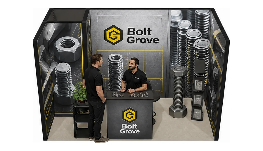 Stoisko 4 × 2 m szeregowe dla branży elementy złączne, przykładowa marka Bolt Grove