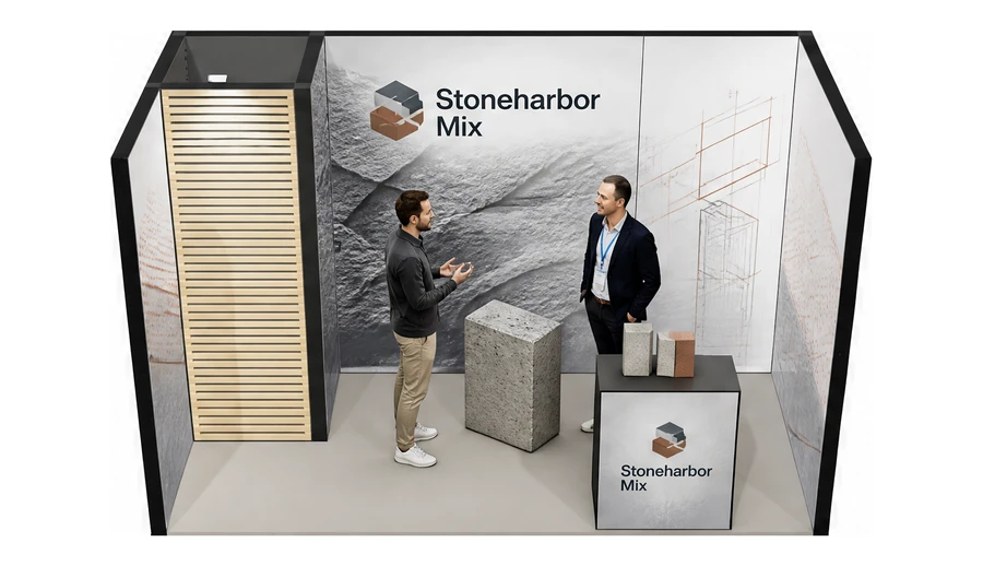 Stoisko 4 × 2 m szeregowe dla branży materiały budowlane, przykładowa marka Stoneharbor Mix
