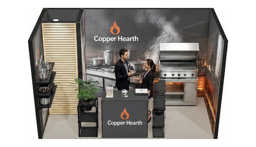 Stoisko 4 × 2 m szeregowe dla branży wyposażenie gastronomii, przykładowa marka Copper Hearth
