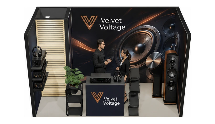 Stoisko 4 × 2 m szeregowe dla branży sprzęt audio-video, przykładowa marka Velvet Voltage
